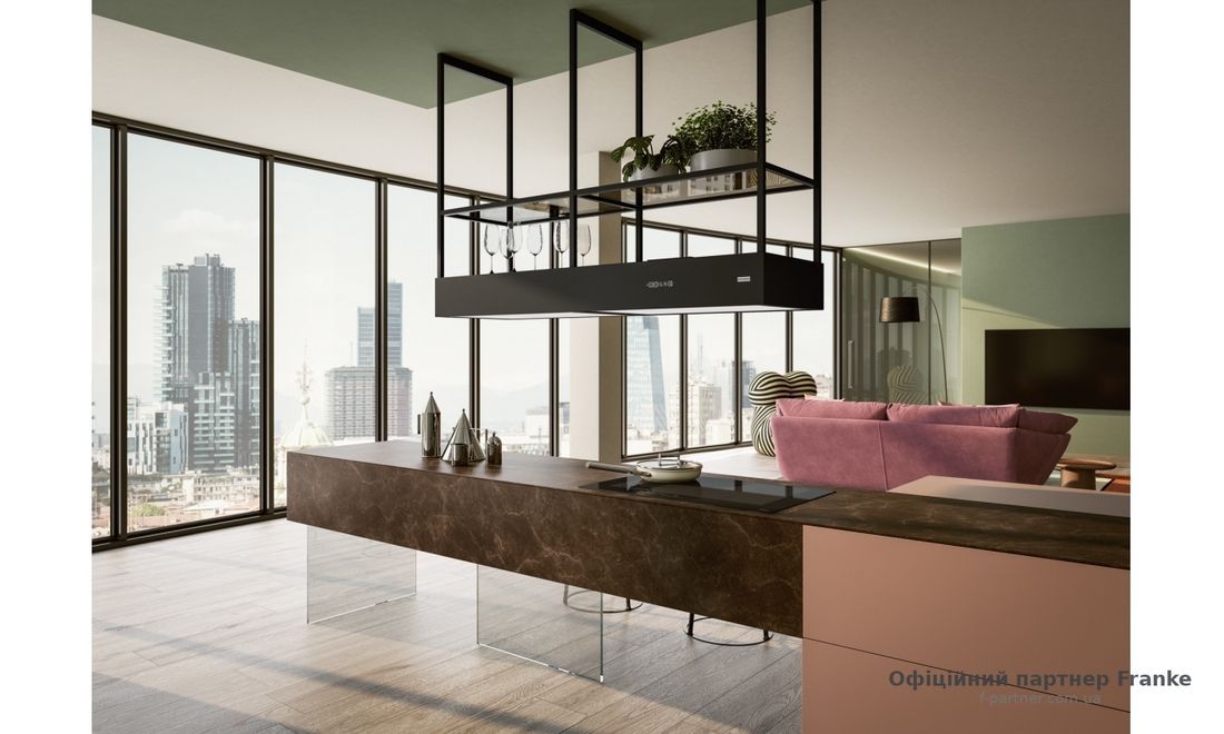 Острівна кухонна витяжка Franke FMY EVOLUTION F160 KL (Mythos T-Shelf Evolution K-Link, чорний матовий, острівна) 325.0726.999
